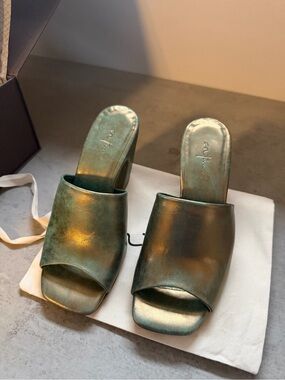 Metallic Green Open-Toe Slide Mules - Women